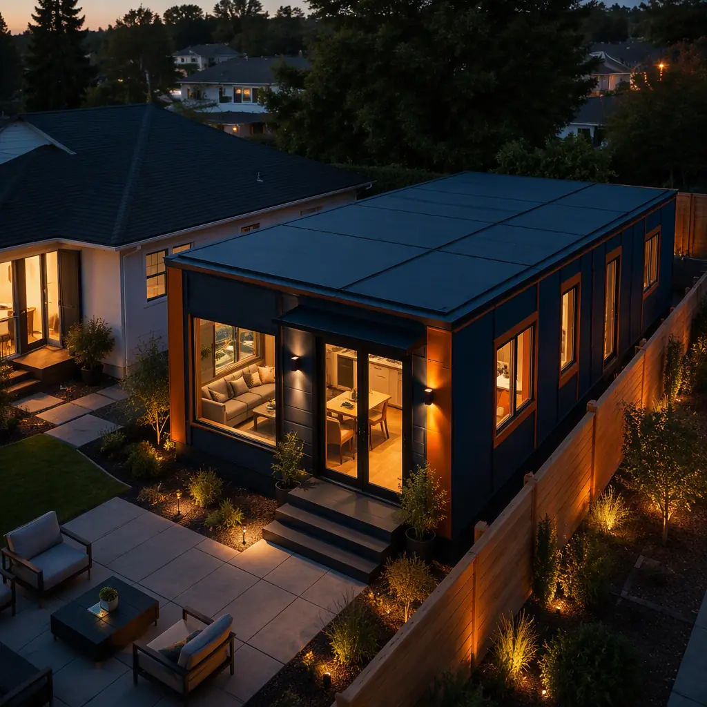 Aerial golden-hour view of a finished modular ADU beside a single-family home, prefabricated steel-frame accessory dwelling unit with dark navy cladding and warm steel orange accents, landscaped backyard with patio, module seams visible on the clean geometric facade, modular prefabricated construction