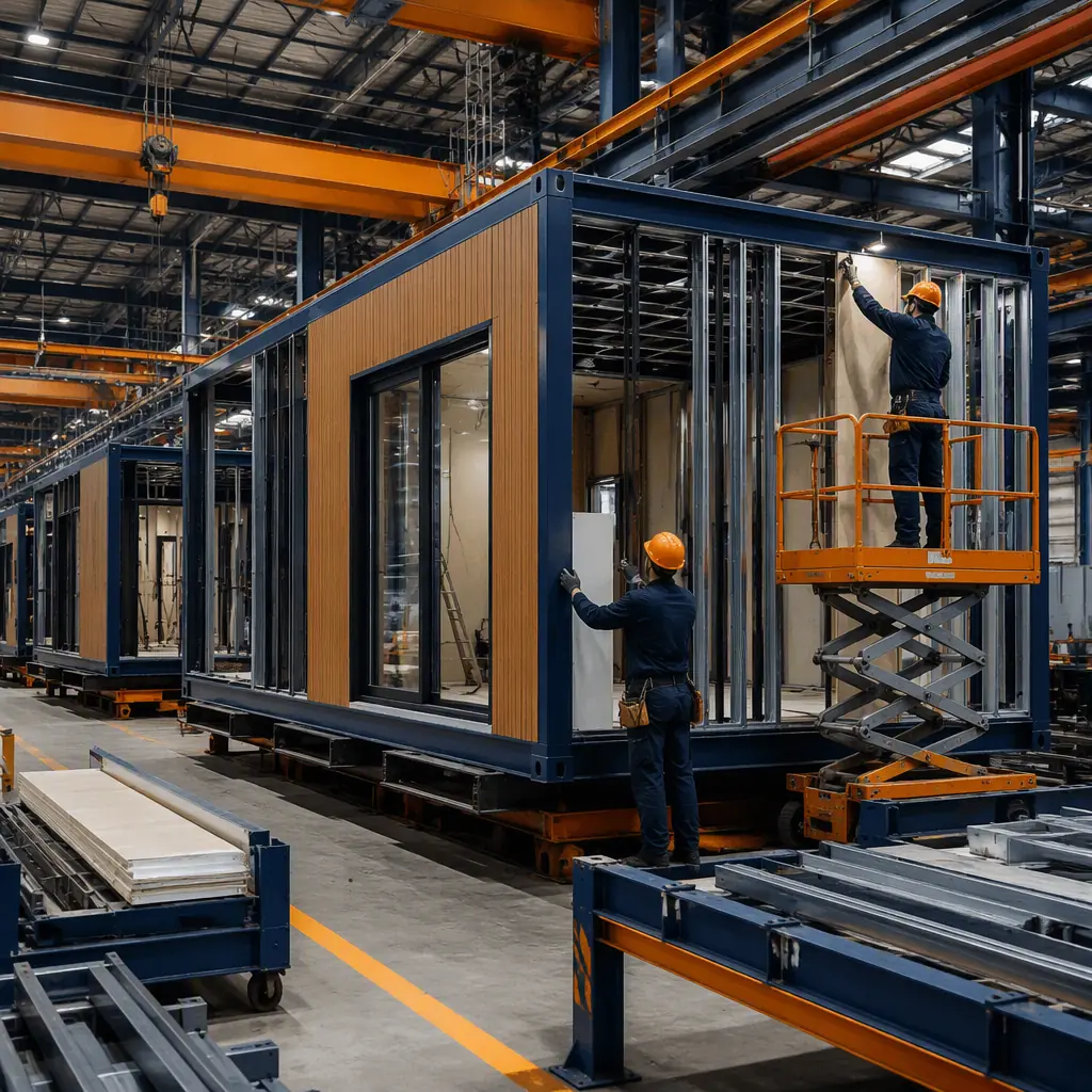 Prefabricated ADU module under construction on a factory assembly line, steel frame structure visible with wall panels being installed, workers assembling the accessory dwelling unit module, factory floor, modular prefabricated construction