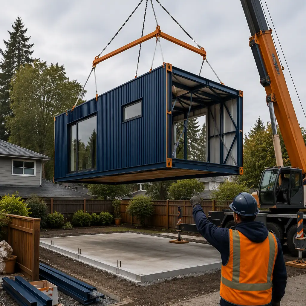 Modular ADU being craned into a backyard, prefabricated steel-frame accessory dwelling unit module lifted over a single-family home fence onto a prepared concrete foundation, crane operator guiding the module, residential backyard, modular prefabricated construction