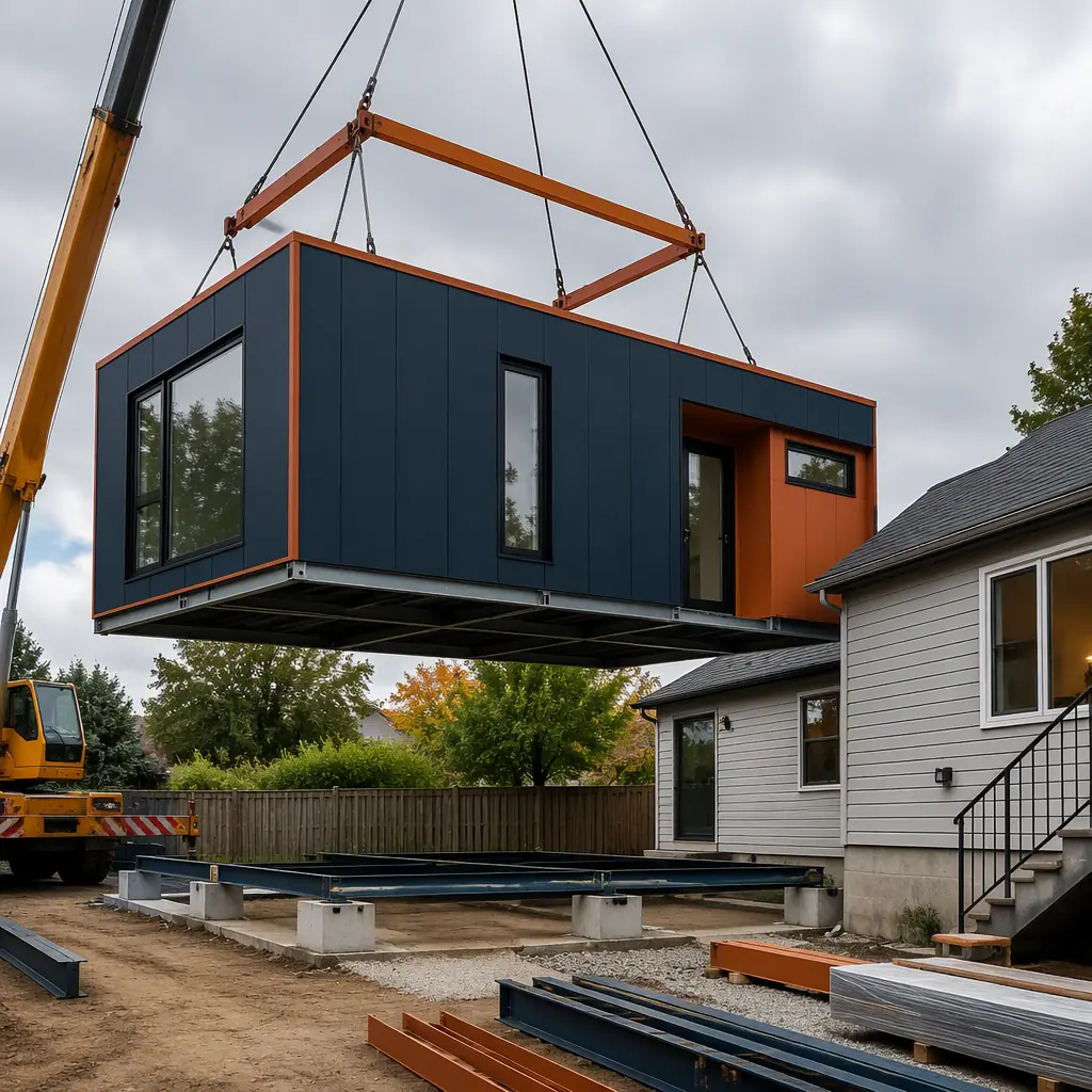 Completed modular ADU in a backyard, single-story prefabricated steel-frame accessory dwelling unit with dark navy cladding and warm steel orange front door, large windows, small concrete patio, clean geometric lines, module seams visible, modular prefabricated construction
