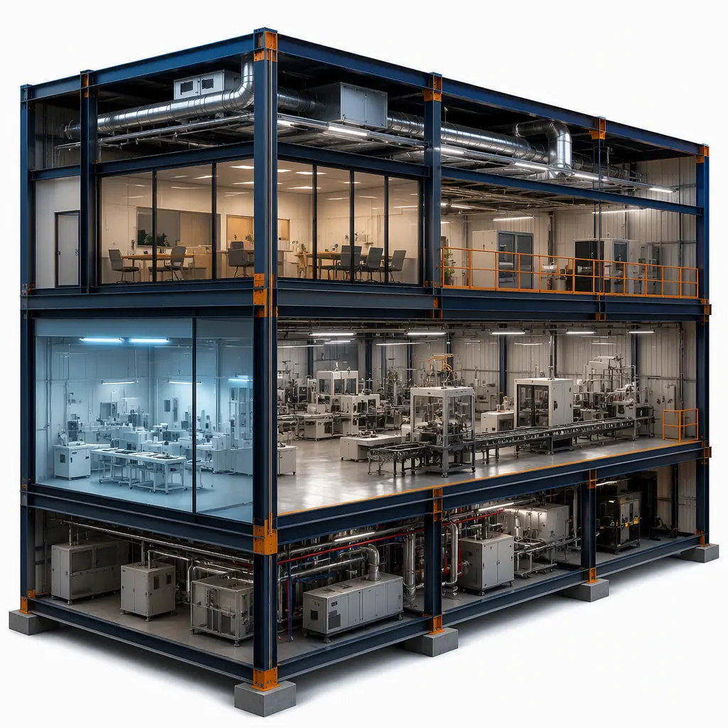 Photorealistic 3D cross-section render of modular aerospace manufacturing building, showing ESD-protected avionics assembly line, clean room layup bay, CNC machining area with vibration-isolated floor, high-bay assembly space with overhead crane, steel frame module structure, clean engineering visualization, no people, no text, no labels
