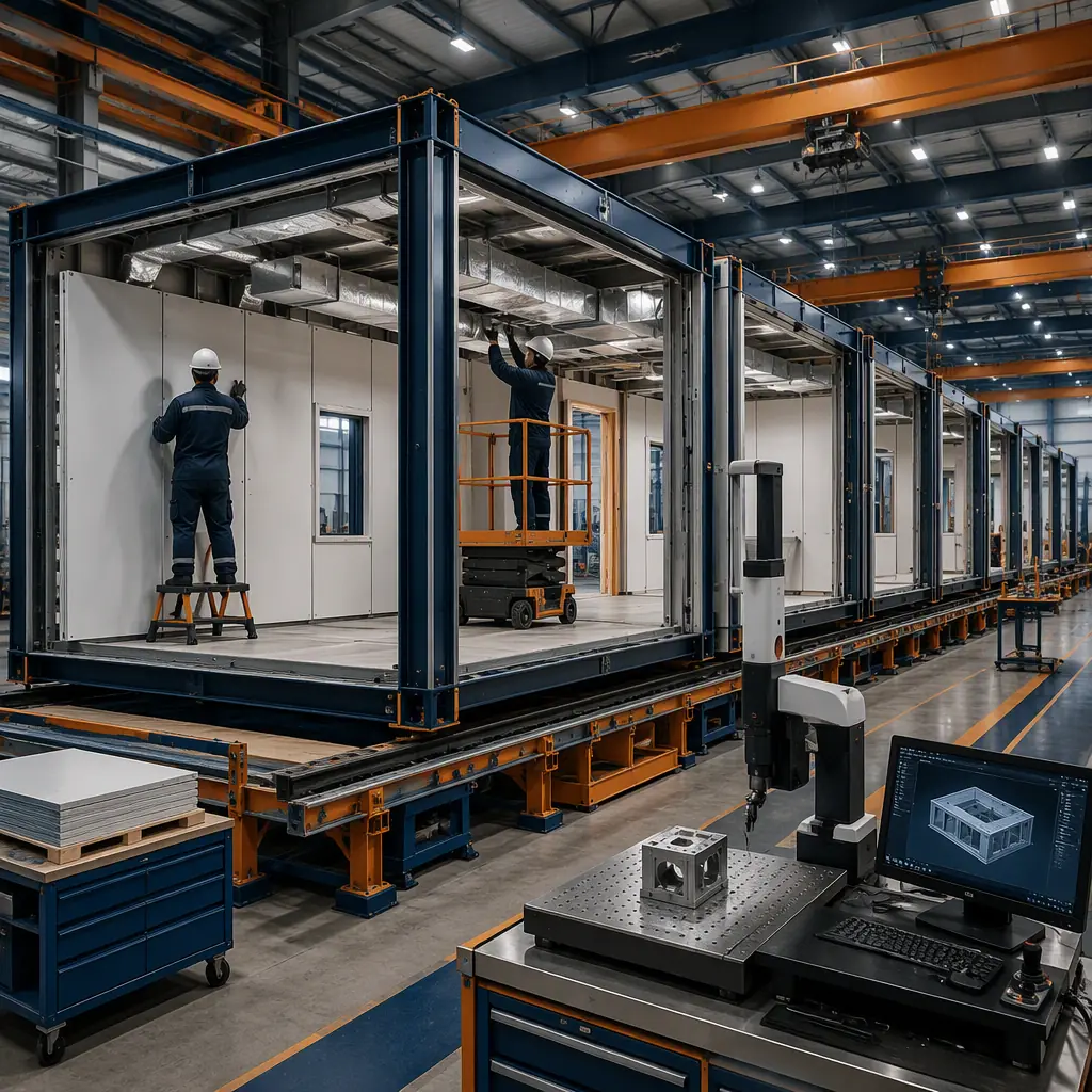 Factory floor of modular prefabricated construction facility, precision manufacturing module under production, workers installing clean room wall panels and HVAC ducts without visible faces, assembly line with steel-framed modules, quality inspection station, dark navy and warm steel orange accents, no text, no logos