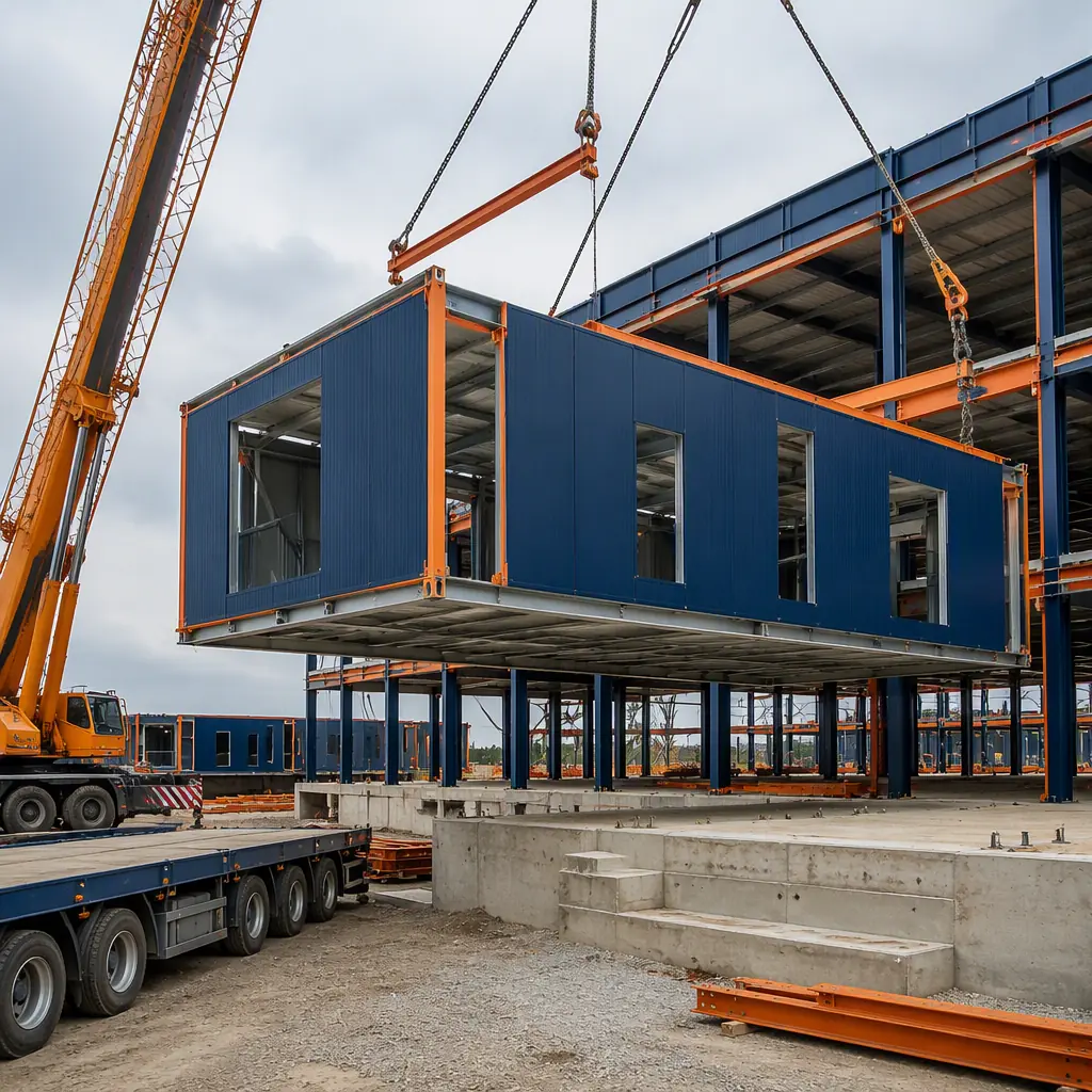 Crane lifting large prefabricated manufacturing module onto foundation at aerospace plant construction site, steel frame visible, wide-span production modules being positioned, modules arriving on flatbed truck, photorealistic construction photography, dark navy and warm steel orange accents, no text, no logos