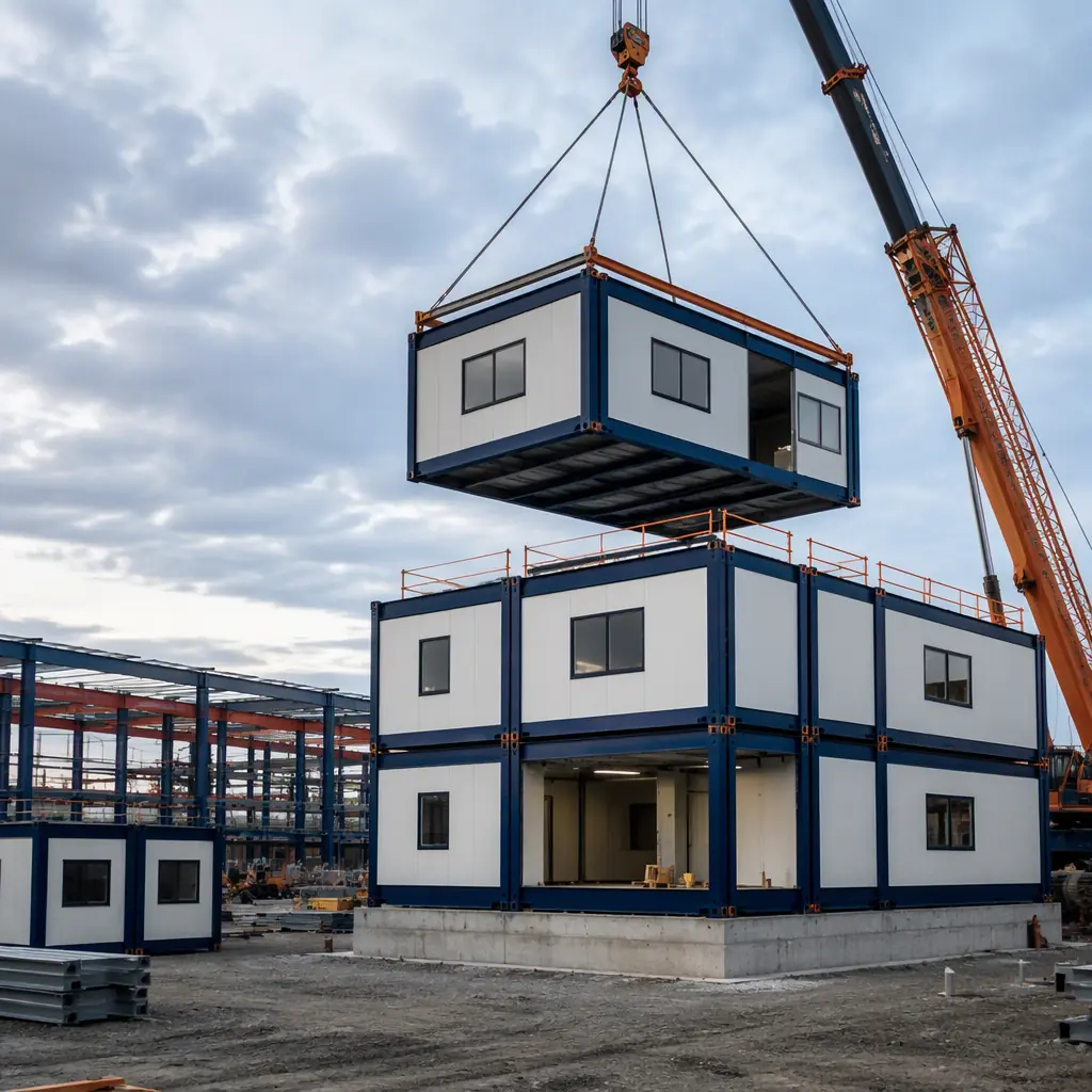 Prefabricated modular building units stacked at aerospace plant construction site, crane lifting module unit onto concrete foundation, module seams visible, steel frame structure, wide industrial site with modules staged, photorealistic construction photography, no people faces, no text, no logos