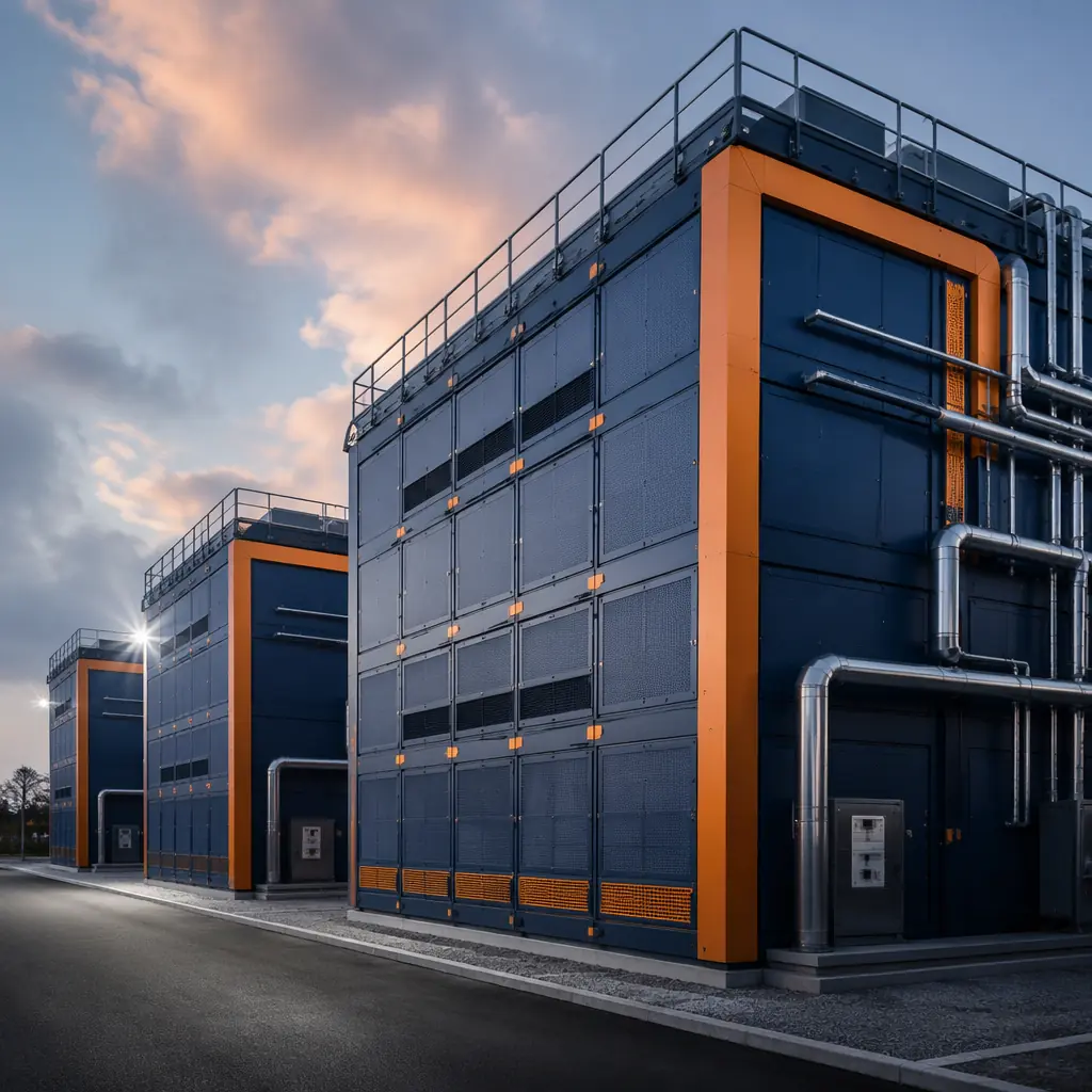 Modular AI data center unit exterior, factory-built data hall module with cooling infrastructure visible, steel frame structure, exterior cladding with geometric grid pattern, prefabricated construction site, module connections visible