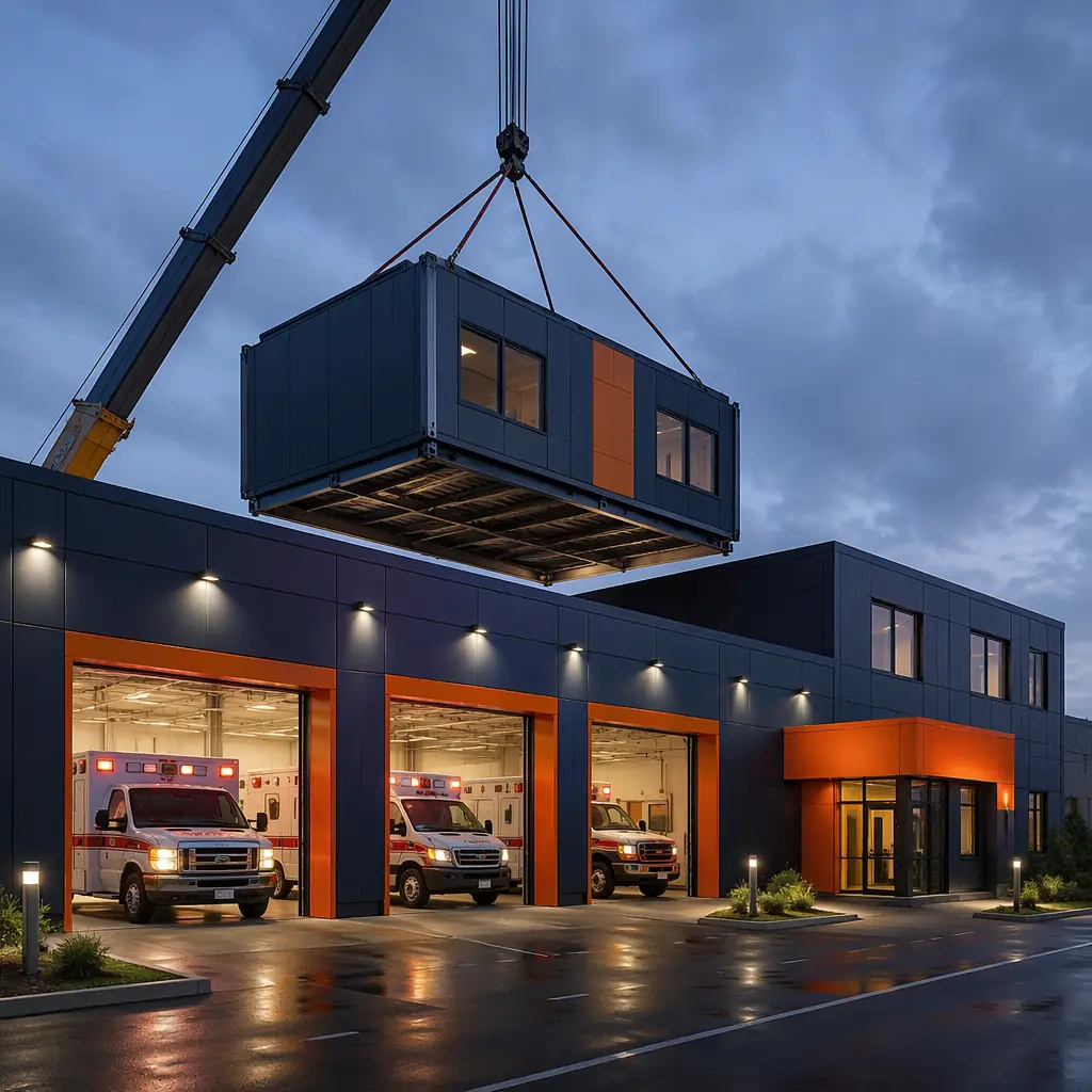 Modern modular ambulance EMS station exterior with prefabricated steel frame modules, drive-through apparatus bay doors with ambulance vehicles visible inside, clean geometric facade with module seams defining factory-assembled grid pattern, dark navy structural steel with warm steel orange accent on bay door frames and entrance canopy, crane lifting completed crew quarters module onto prepared foundation, emergency lighting fixtures installed on exterior