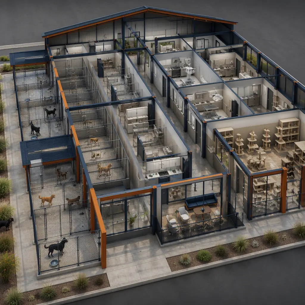 Photorealistic 3D cross-section render of modular animal shelter facility, showing adoption lobby with meet-and-greet rooms, dog kennel wing with individual kennels and outdoor runs, cat colony rooms with perches, veterinary suite with intake exam and surgery rooms, isolation ward with separate ventilation, clean engineering visualization, no text, no labels