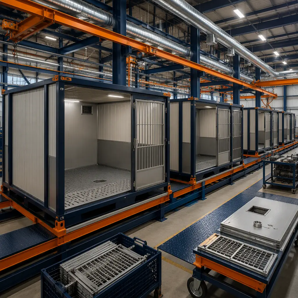 Factory floor of modular prefabricated construction facility, steel-frame kennel modules being fabricated with drainable floors and kennel doors, workers installing ventilation ducting and acoustic wall panels, assembly line with animal housing modules, dark navy and warm steel orange accents, no people faces, no text