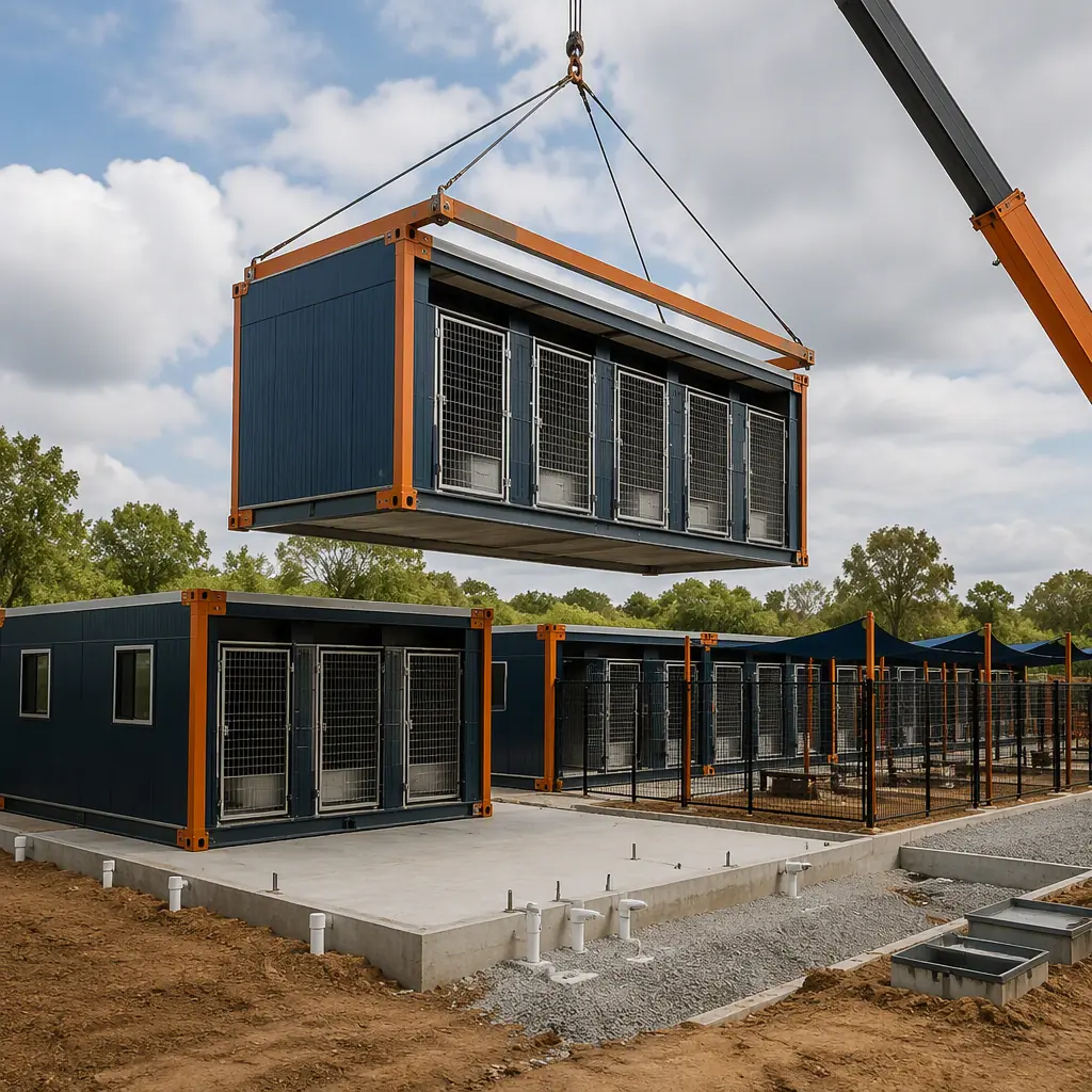 Crane lifting prefabricated steel-frame kennel module onto concrete foundation at animal shelter construction site, modules with individual kennel doors and drainage connections staged for installation, outdoor exercise run areas prepared, module seams visible, dark navy steel with warm orange accents, no people faces, no text