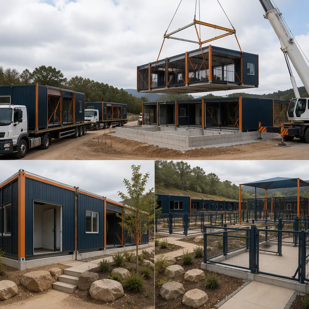 Prefabricated animal shelter modules arriving on flatbed trucks at construction site, crane positioning steel-frame kennel module onto prepared foundation, outdoor exercise runs and landscaping under construction, module seams visible, dark navy steel with warm orange accents, no people faces, no text, no logos