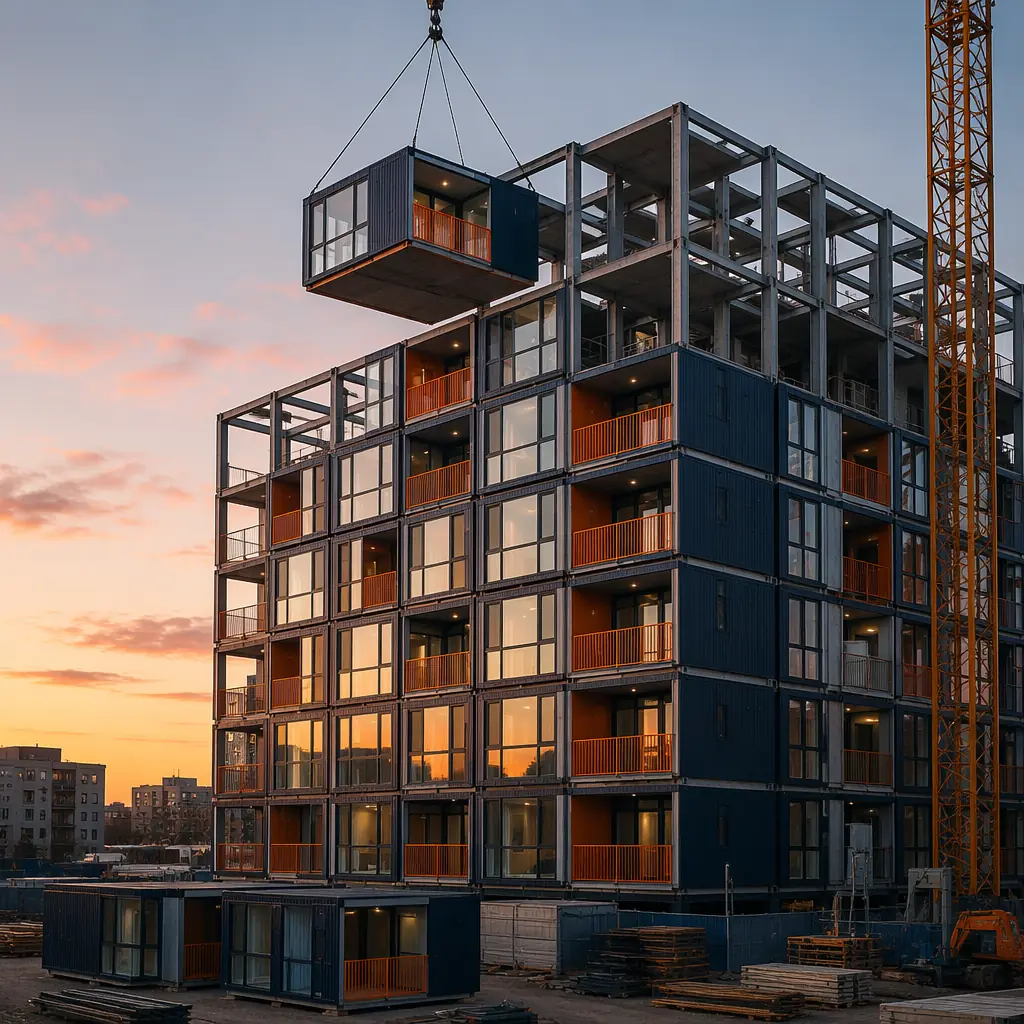 Multi-story modular apartment complex with modules being craned into place, repeating grid facade with warm evening light