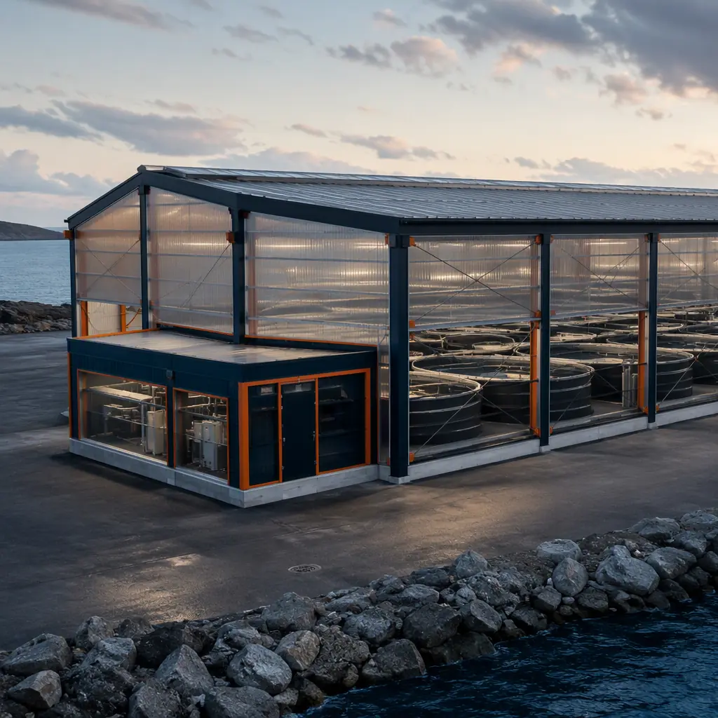 Modular prefabricated aquaculture facility exterior, large steel-frame building with round fish tank modules visible through translucent wall panels, water treatment module annex, clean geometric lines, module seams visible, coastal site, dark navy structural steel with warm steel orange accents, no text