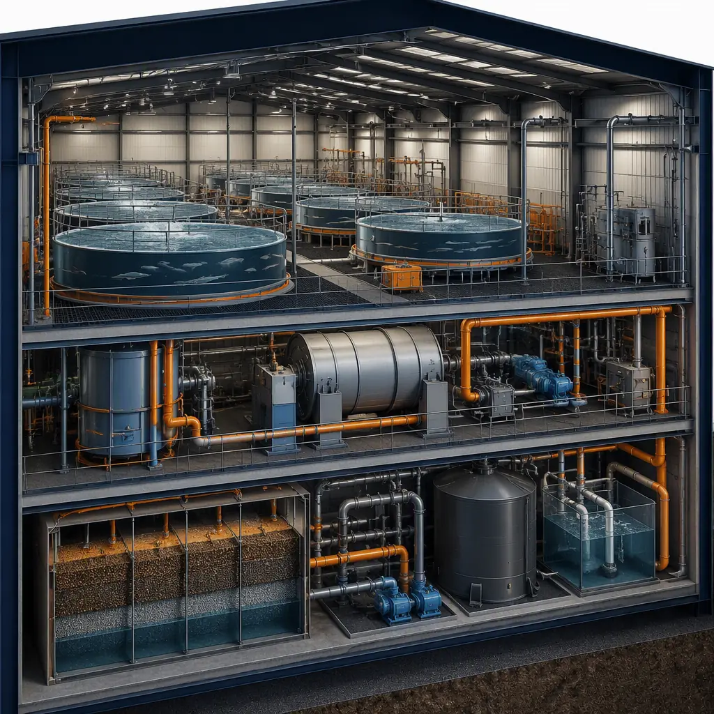 Photorealistic 3D cross-section render of modular recirculating aquaculture facility, steel frame building with circular fish rearing tanks, water filtration system with drum filter and biofilter, pipework connections, clean engineering visualization, no text, no labels