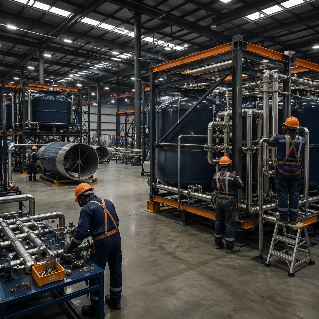 Factory floor of modular prefabricated construction facility, circular fish tank modules and stainless steel piping being assembled into aquaculture module, workers with no visible faces, steel frame visible, dark navy and warm steel orange accents, no text