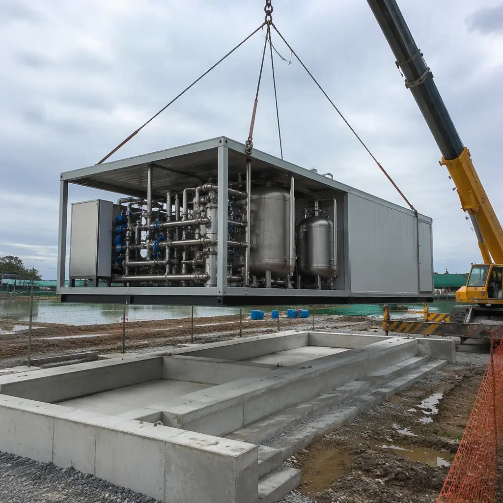 Crane lifting prefabricated water treatment module with stainless steel piping and tank skid onto foundation at aquaculture farm construction site, factory-assembled modules, module seams visible, no people faces, no text