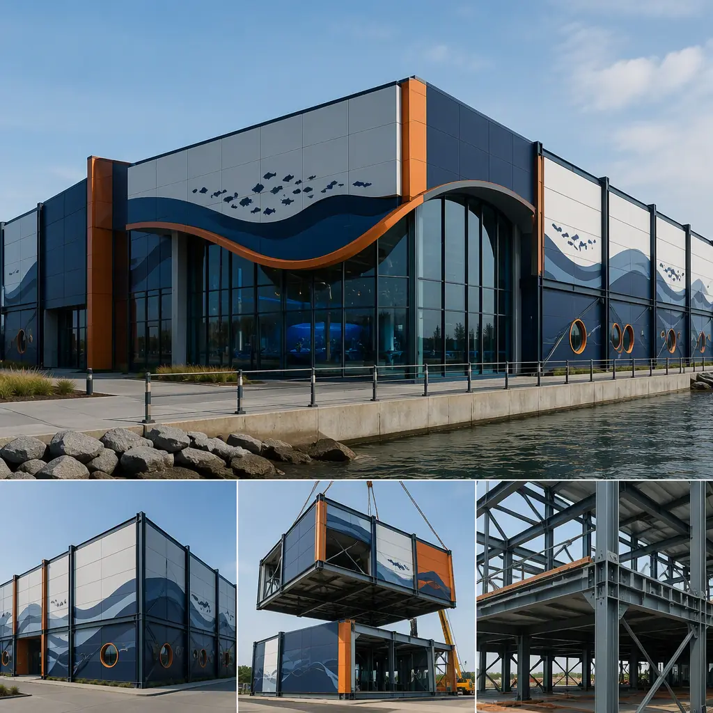 Modular public aquarium building exterior, large prefabricated steel-frame structure with curved glazing entrance and marine-themed facade panels, module seams visible, clean geometric architecture, dark navy structural steel with warm steel orange accents, no text