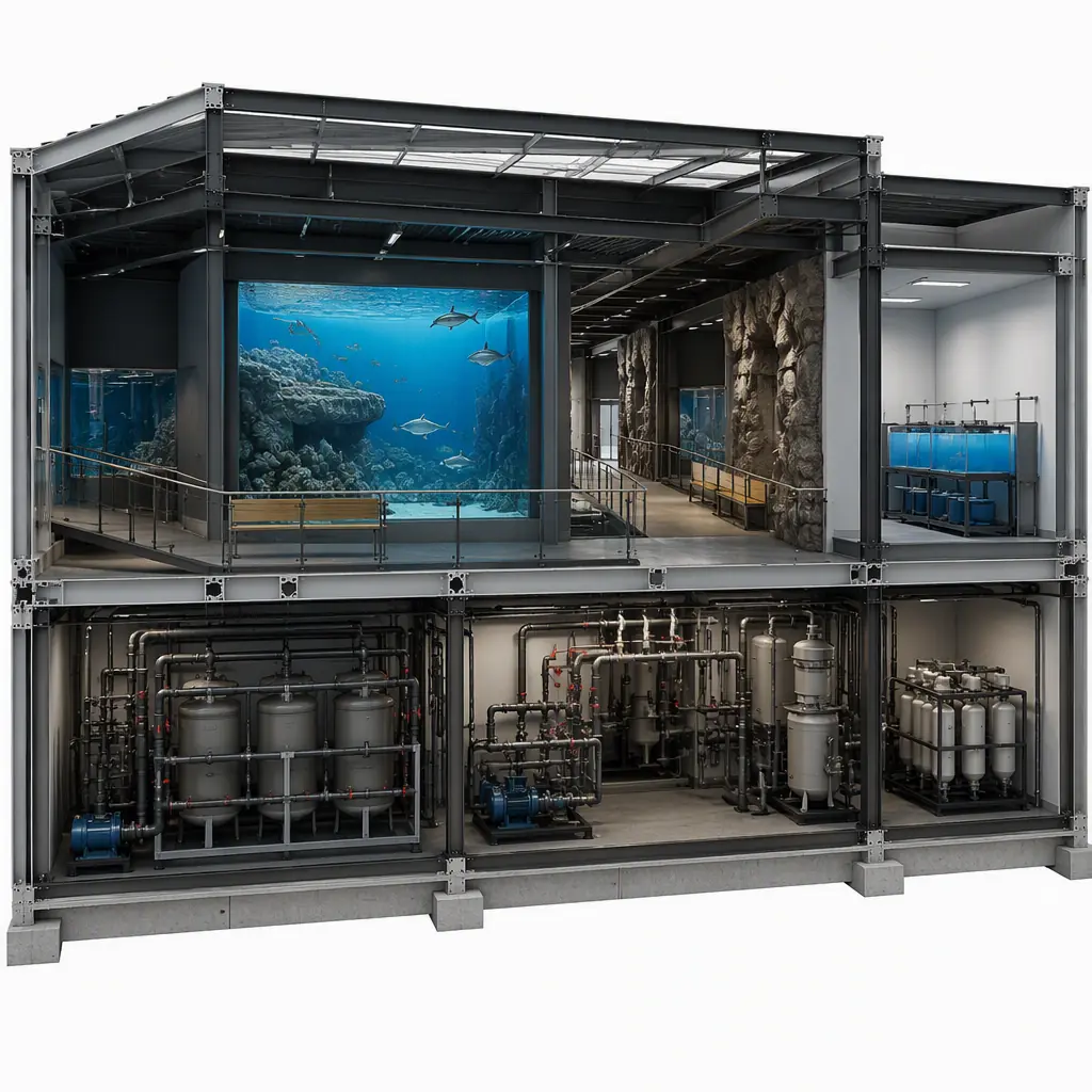 Photorealistic 3D cross-section render of modular aquarium building, steel frame showing exhibit hall with large tank, life-support system room with pumps and filters below, visitor circulation gallery, quarantine area, clean engineering visualization, no text, no labels