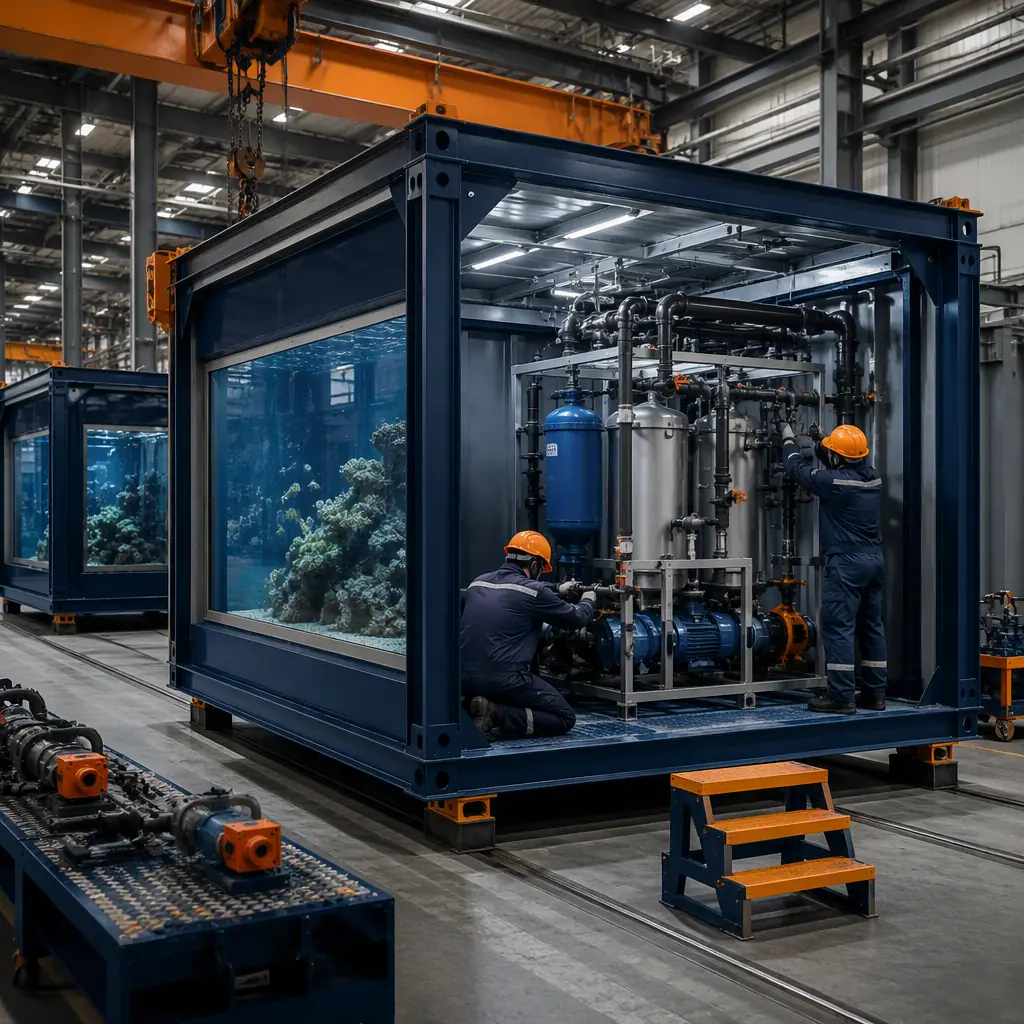Factory floor of modular prefabricated construction facility, steel-framed aquarium modules under assembly, life-support equipment skid with pumps and filter vessels being installed in module, workers connecting piping (no faces), dark navy and warm steel orange accents