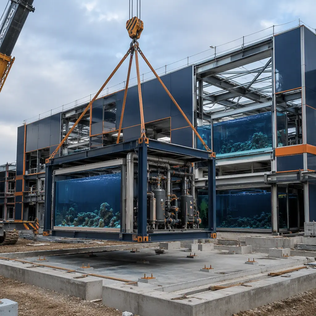Crane lifting prefabricated steel-frame aquarium module with life-support equipment skid onto foundation at aquarium construction site, large building under assembly, module seams visible, dark navy structural steel with warm steel orange accents, no people