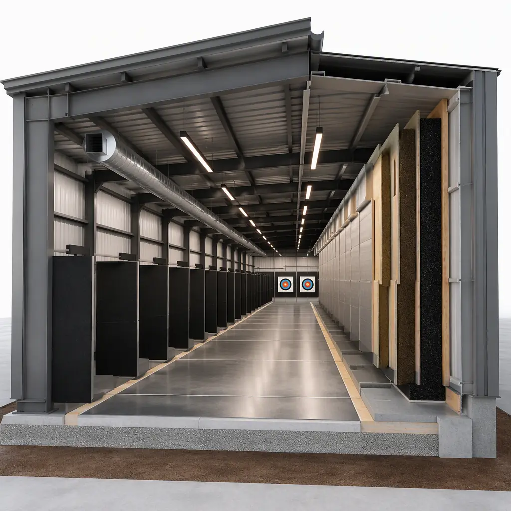 Photorealistic 3D cross-section render of modular indoor archery range hall, showing long shooting corridor with lane dividers, layered backstop system at target wall, ceiling LED light battens, HVAC ducting running along roof, clean engineering visualization, no text, no labels