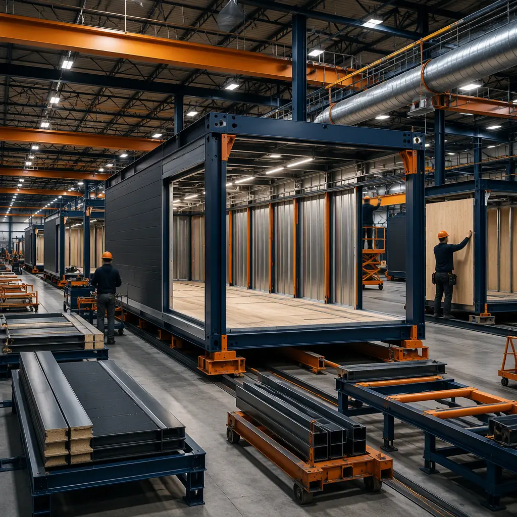 Factory floor of modular prefabricated construction facility, steel-frame archery hall modules in production with lane divider framing and ceiling light fixtures being installed, workers assembling wall panels and ventilation ducting (no faces), assembly line, dark navy and warm steel orange accents