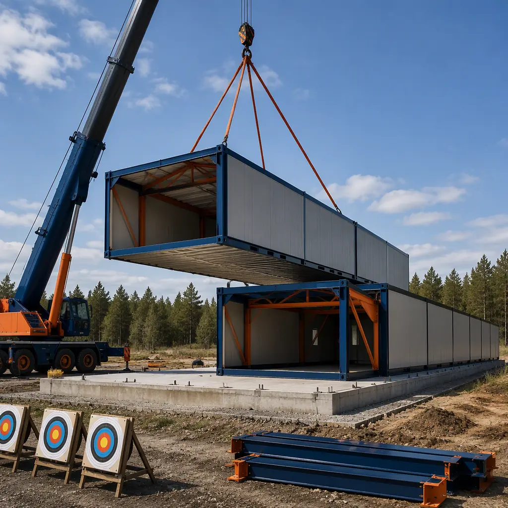 Crane lifting prefabricated steel-frame building module onto concrete foundation at archery range construction site, module seams visible, long hall modules being positioned, work crew guiding module (no faces), clear-span structure, dark navy steel with warm orange accents, no text, no logos