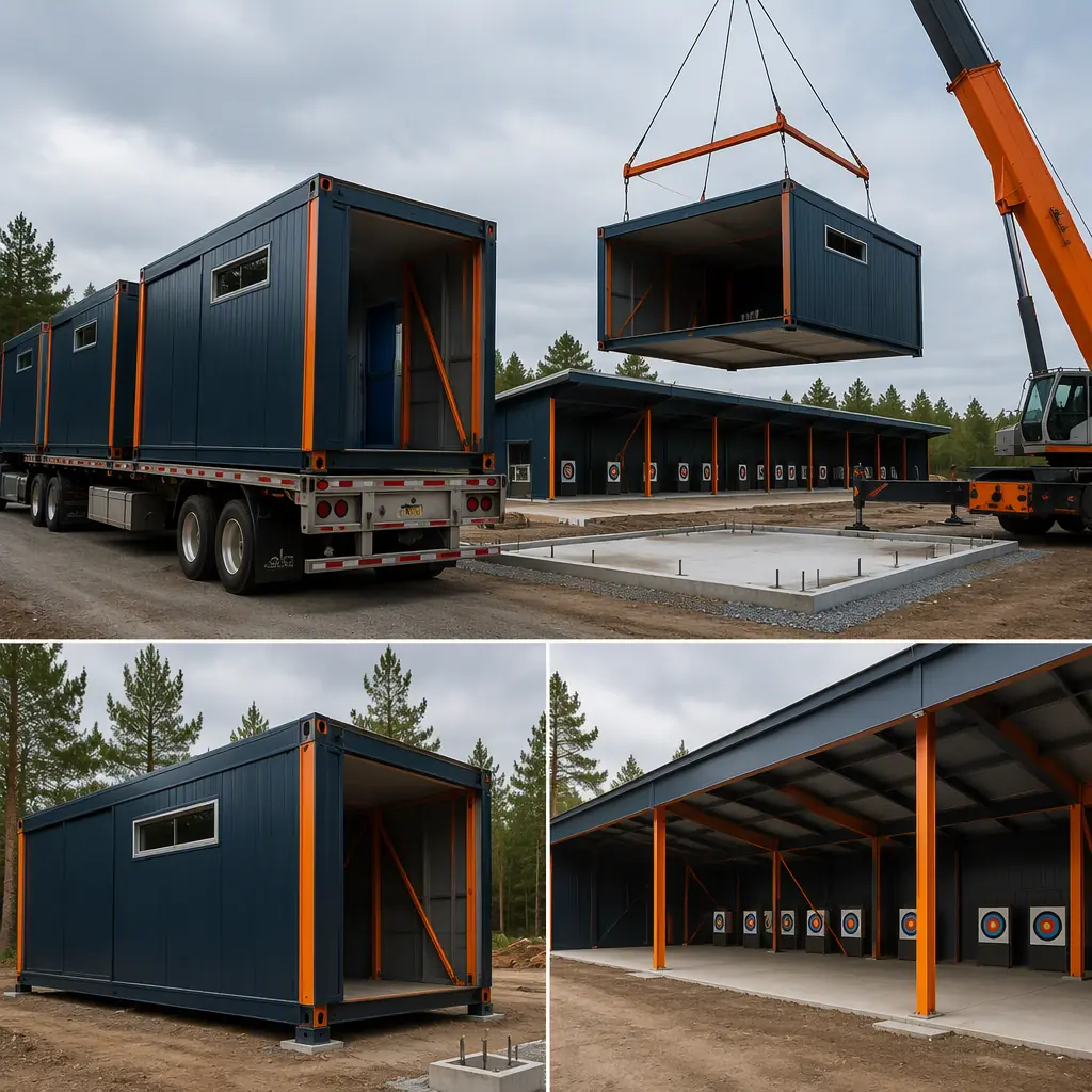 Prefabricated steel-frame archery range modules arriving on flatbed trucks at construction site, module being lifted by crane toward prepared foundation, covered range structure in background, module seams visible, dark navy steel with warm orange accents, no people faces, no text, no logos