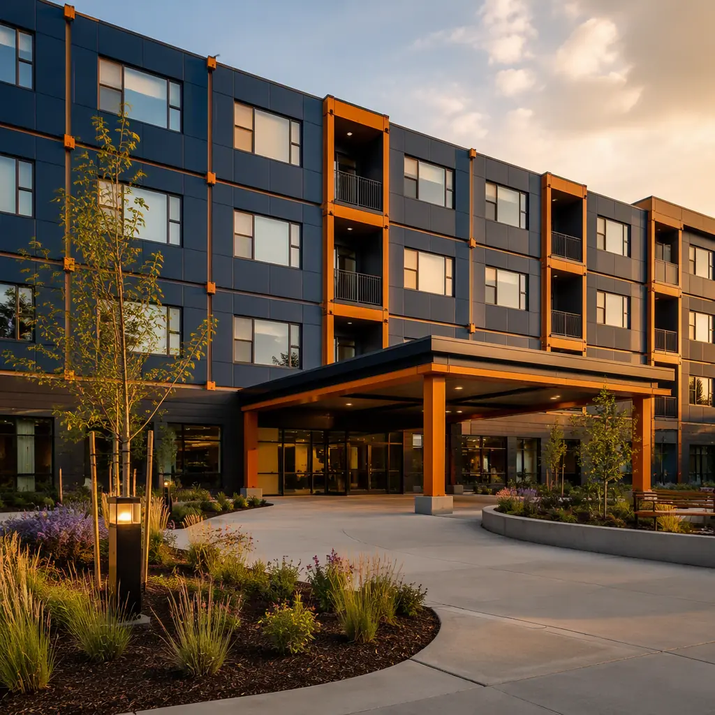 Modular assisted living facility exterior, multi-story prefabricated building with repeating window grid facade, module seams visible, landscaped courtyard entrance with accessible walkway, dark navy structural steel with warm steel orange accents, golden hour lighting, no people, no text