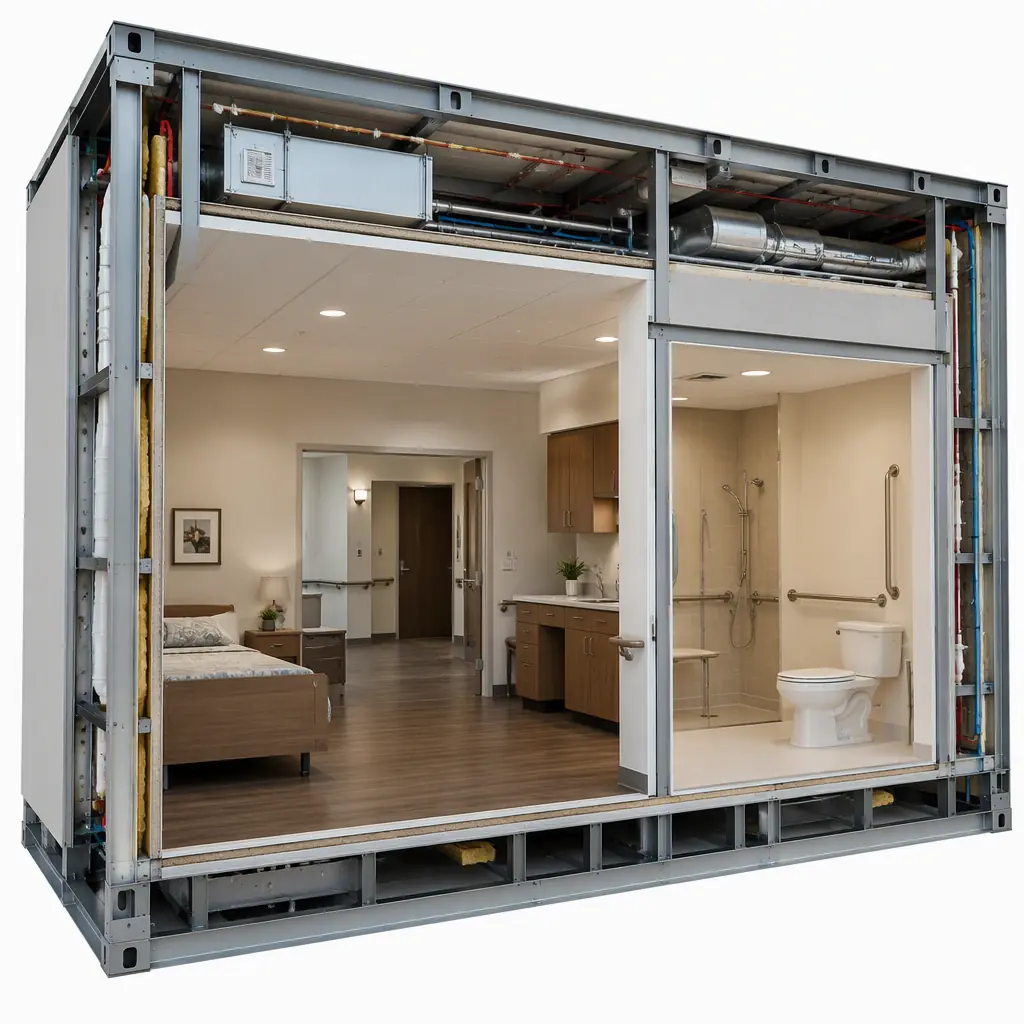 Photorealistic 3D cross-section render of modular assisted living resident unit, steel frame module showing accessible bathroom, nurse call pull cords, wide doorways, handrails, sprinkler system and HVAC ducting within wall cavity, clean engineering visualization, no text, no labels