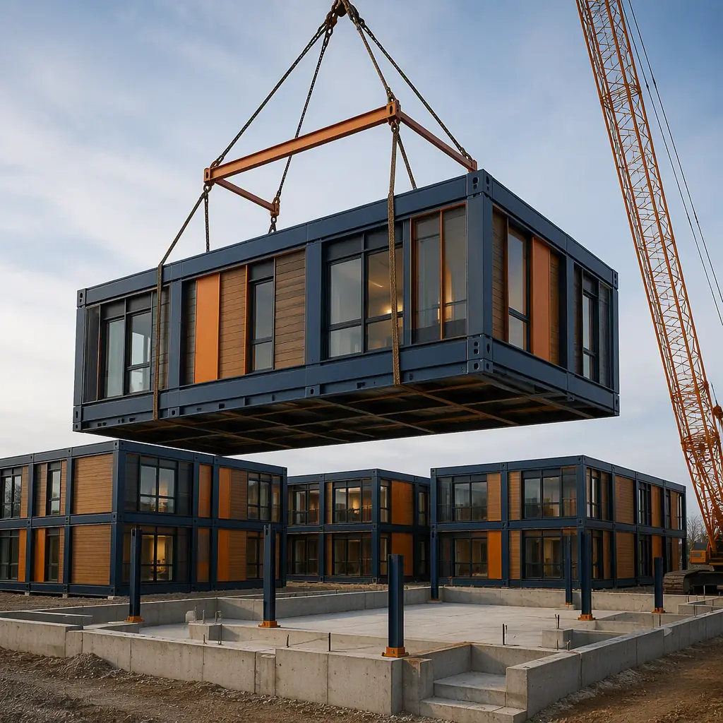 Crane lifting prefabricated steel-frame residential module onto concrete foundation at assisted living facility construction site, module seams visible, stacked module wings of care community in background, dark navy structural steel with warm steel orange accents, no people faces