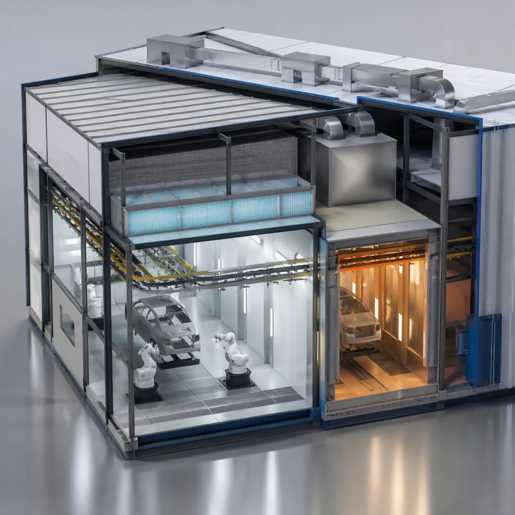 Photorealistic 3D cross-section render of modular automotive paint shop module, clean room envelope with filtered airflow, robotic spray booth, bake oven section, conveyor rail, sealed wall panels with steel frame visible, engineered visualization, no text, no labels