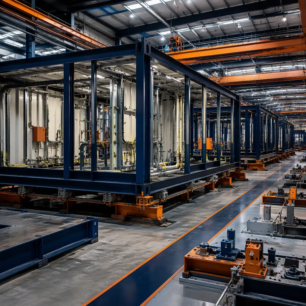 Factory floor of modular prefabricated construction facility, steel-frame manufacturing modules being assembled with welded robot cell foundations and pre-installed utilities, assembly line with high modules in production, quality control inspection station, dark navy steel with warm orange accents, no people faces, no text, no logos