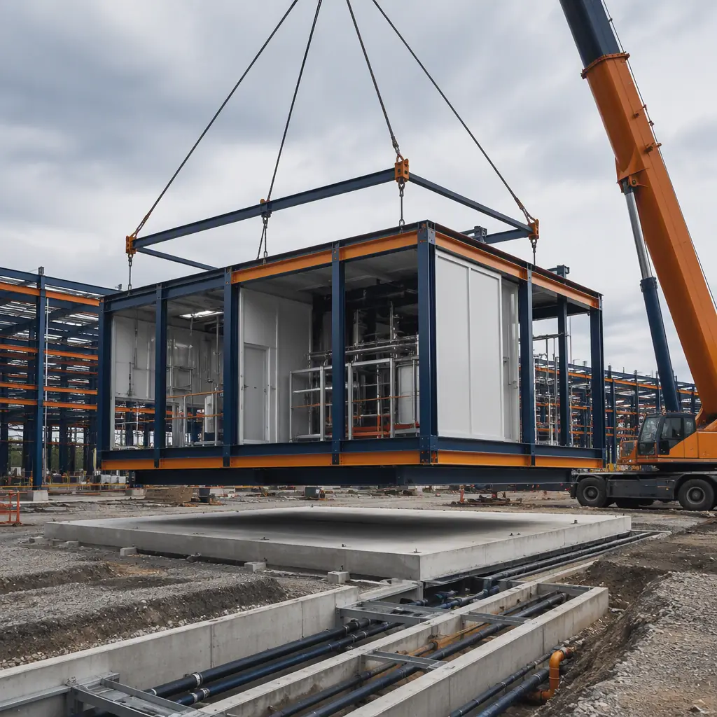 Crane lifting prefabricated steel-frame manufacturing module with pre-installed panels onto concrete pad at automotive plant construction site, module seams visible, high-bay frame sections, clean level site with utility trenches prepared, dark navy steel with warm orange accents, no people faces, no text