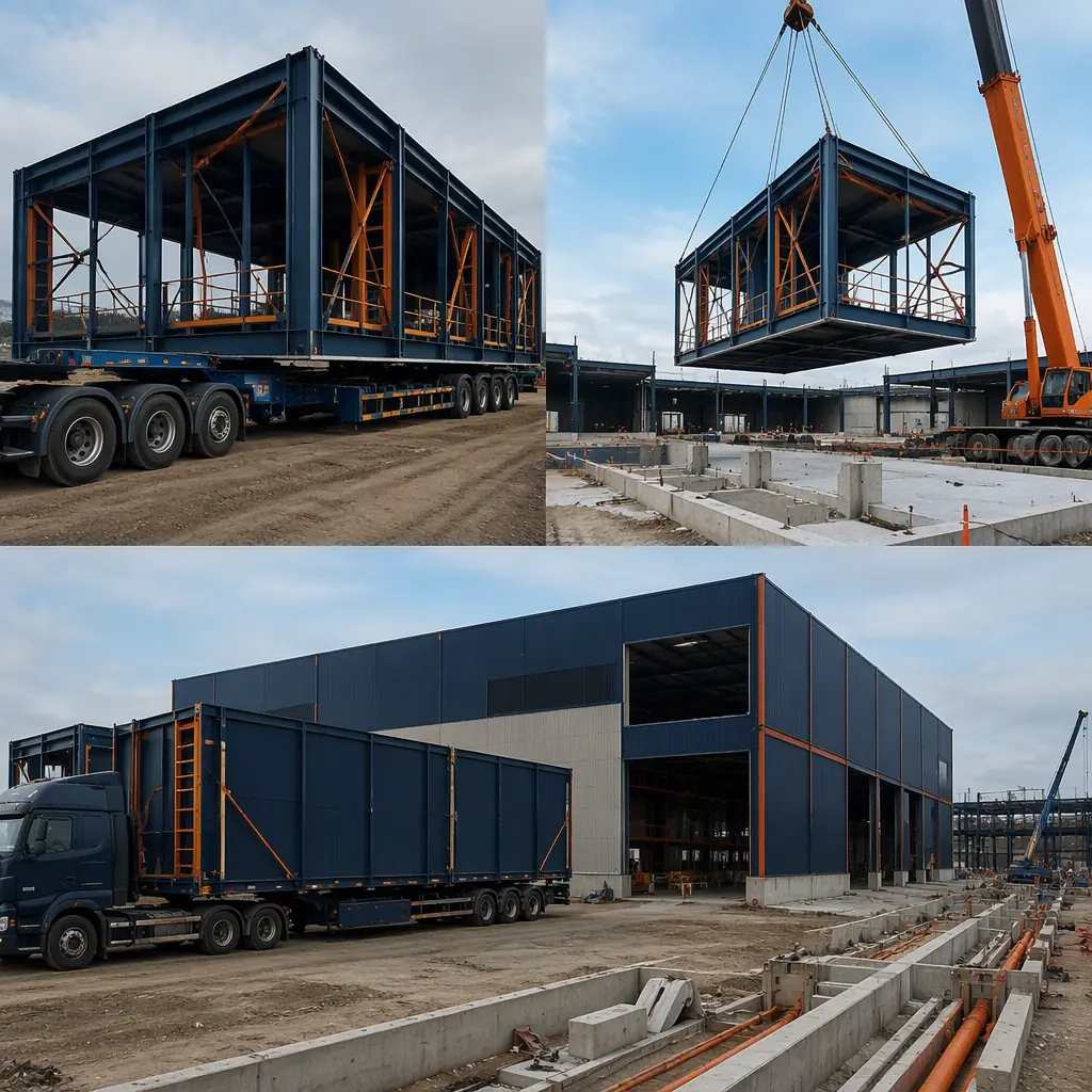 Prefabricated automotive manufacturing modules arriving on flatbed trucks at plant site, crane positioning steel-frame module onto prepared foundation, high-bay module sections, module seams visible, utility trenches and site work under preparation, dark navy steel with warm orange accents, no people faces, no text, no logos