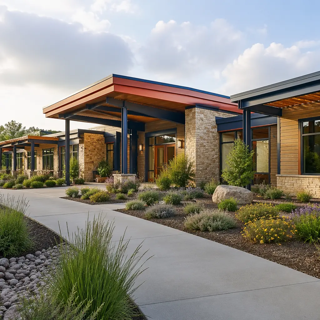 Modern behavioral health facility exterior with warm natural materials, landscaped therapeutic garden visible, steel frame modular building with residential-scale architecture, no institutional appearance, soft lighting, healing environment design, modular prefabricated construction