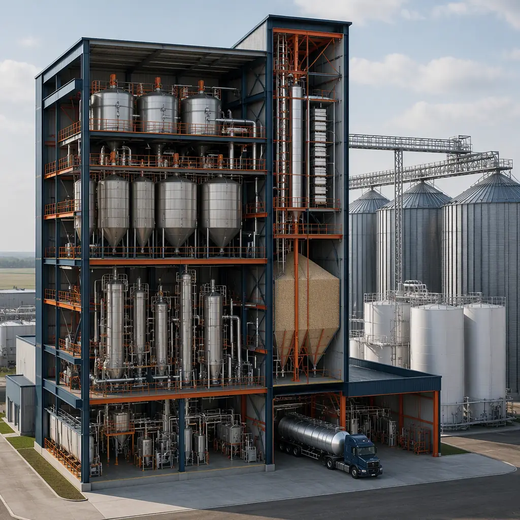 Photorealistic 3D cross-section render of modular biofuel and ethanol production facility, showing stacked steel-frame fermentation, distillation and dehydration modules with vessels, piping and dryhouse, grain storage silos and ethanol tanks beside, clean engineering visualization, no text, no labels