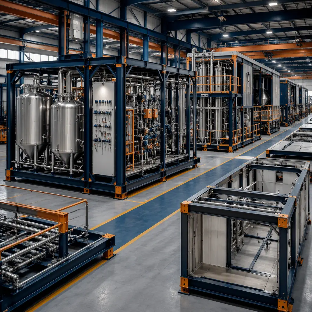 Factory floor of modular prefabricated construction facility, steel-frame biofuel process skids with pre-installed fermentation vessels and instrument panels being fabricated, distillation and dryhouse modules on line, module seams visible, dark navy and warm steel orange accents, no people faces, no text