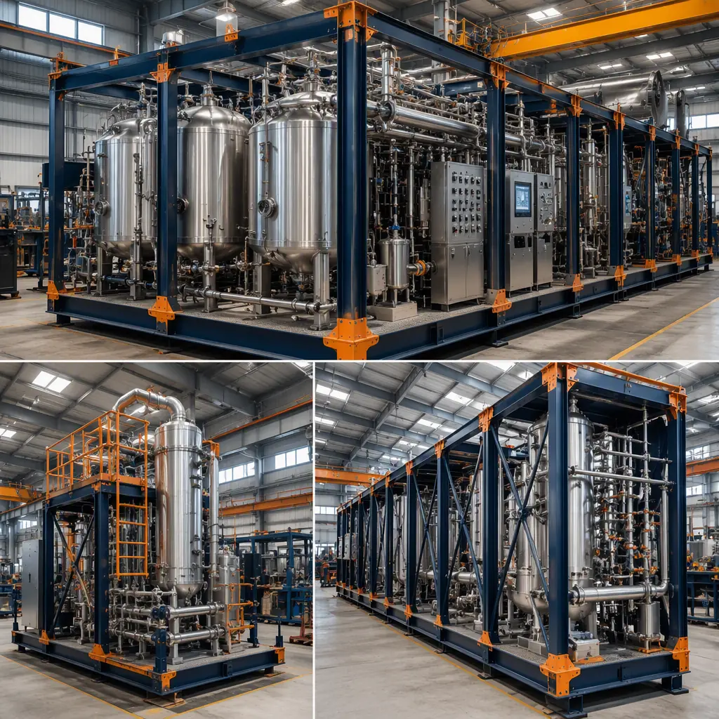 Factory floor assembling prefabricated steel-frame biofuel process skid with pre-installed piping, fermentation vessels and instrument panels, distillation and dehydration modules in production, module seams visible, dark navy steel with warm orange accents, no people faces, no text