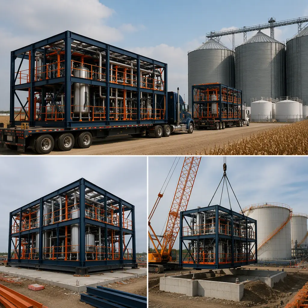 Prefabricated biofuel process and fermentation modules arriving on flatbed trucks at site, crane positioning steel-frame module onto foundation beside grain silos and ethanol tank farm, module seams visible, dark navy steel with warm orange accents, no people faces, no text, no logos