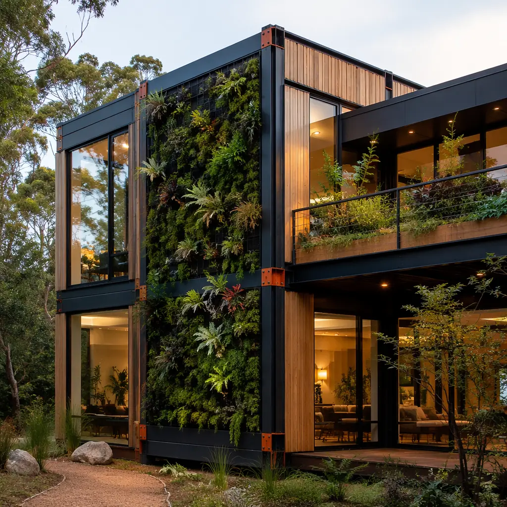 Modern modular prefabricated building exterior with extensive biophilic design features, living green wall integrated into building facade with vertical garden modules, large floor-to-ceiling windows maximizing natural daylight penetration, natural timber cladding on steel frame structure, outdoor terrace with native plantings visible on upper floors, module seams visible showing factory-assembled biophilic components, dark navy structural elements with warm steel orange architectural accents, building integrated into landscaped natural setting with mature trees, professional architectural photography