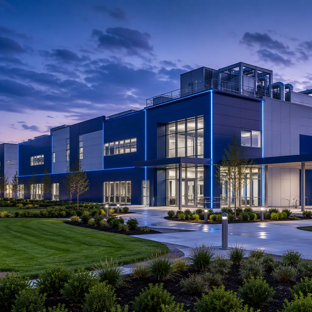 Modern modular biotech laboratory facility exterior, clean geometric facade with blue accent lighting, prefabricated steel frame modules with integrated mechanical systems visible at roof level, professional life sciences campus setting