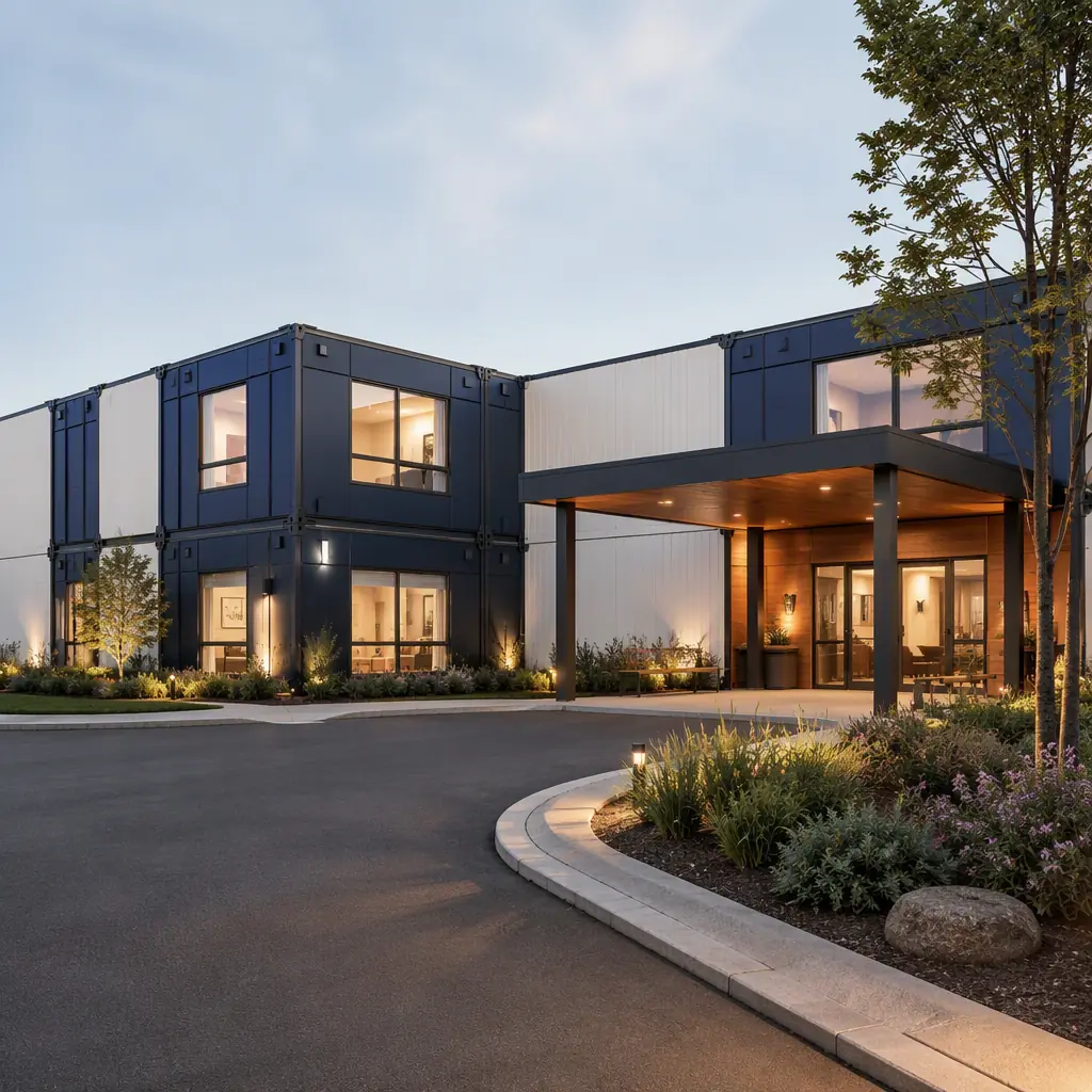 Modern modular freestanding birthing and maternity center, factory-assembled steel-frame healthcare modules with private labour and delivery suites and a welcoming entrance canopy, module seams visible, clean geometric lines, soft warm tones, no people faces, no text, no logos