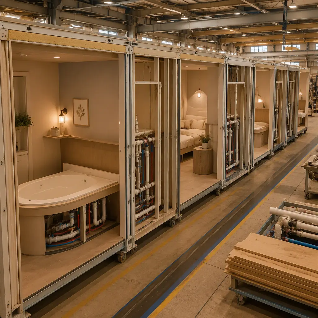 Factory floor of modular prefabricated construction facility, steel-frame birth center suite modules with pre-installed water-birth tub housings and plumbing walls being fabricated, private delivery rooms on line, module seams visible, soft warm tones, no people faces, no text