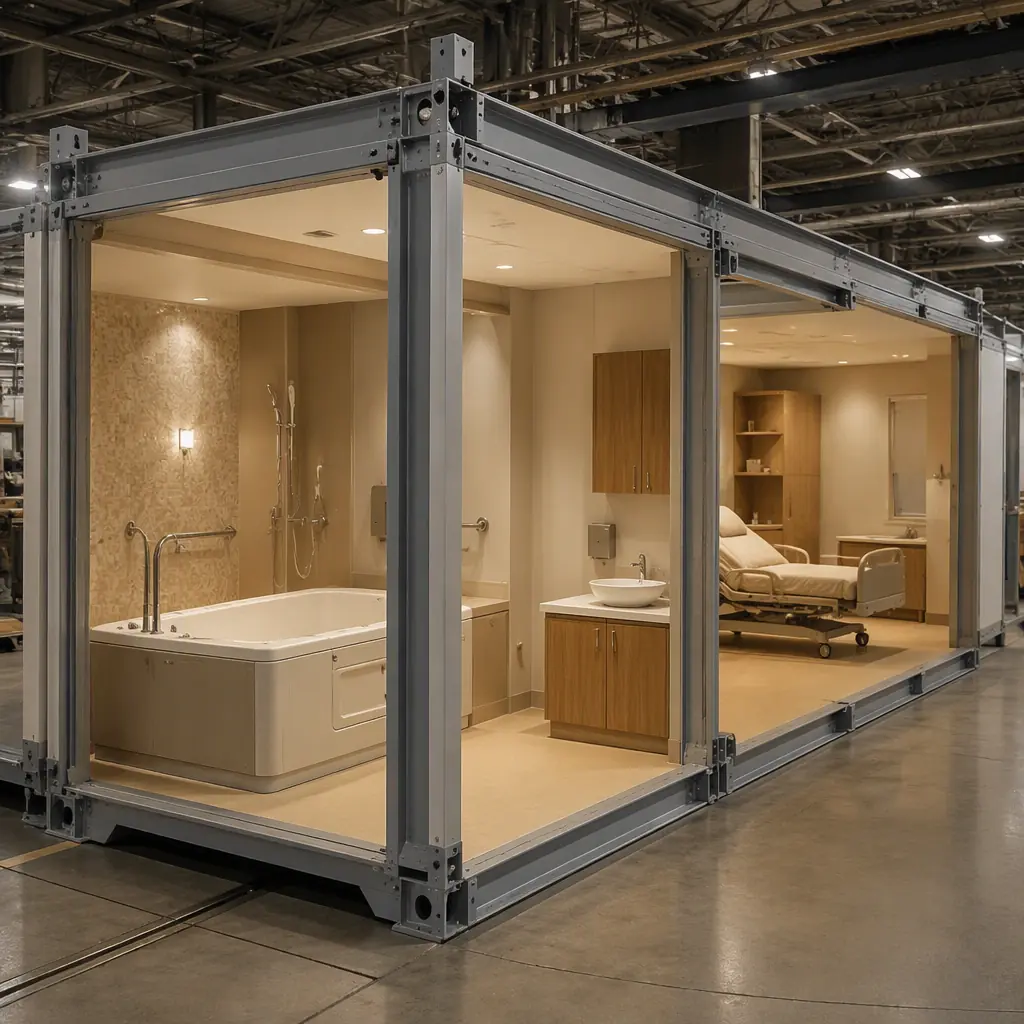 Factory floor assembling prefabricated steel-frame birth center module with pre-installed plumbing walls, water-birth tub housing and medical gas, private labour and delivery suite in production, module seams visible, soft warm tones, clean healthcare finish, no people faces, no text