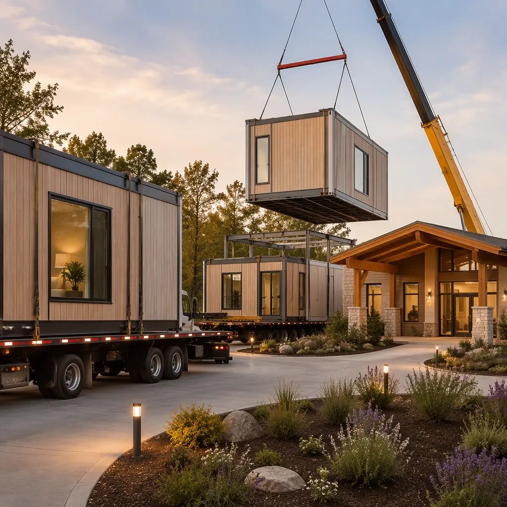 Prefabricated birth center suite modules arriving on flatbed trucks at site, crane positioning steel-frame module beside welcoming entrance canopy and landscaped grounds, module seams visible, soft warm tones, no people faces, no text, no logos