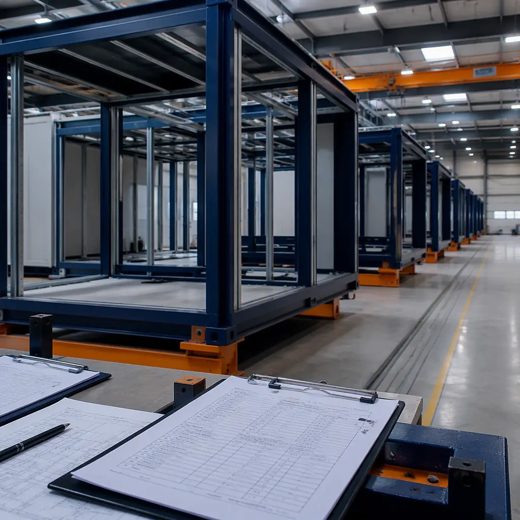 Modular building modules on factory floor with quality documentation and inspection certificates visible, steel frame structures with construction compliance documents and bonding paperwork on desk in foreground, professional industrial environment