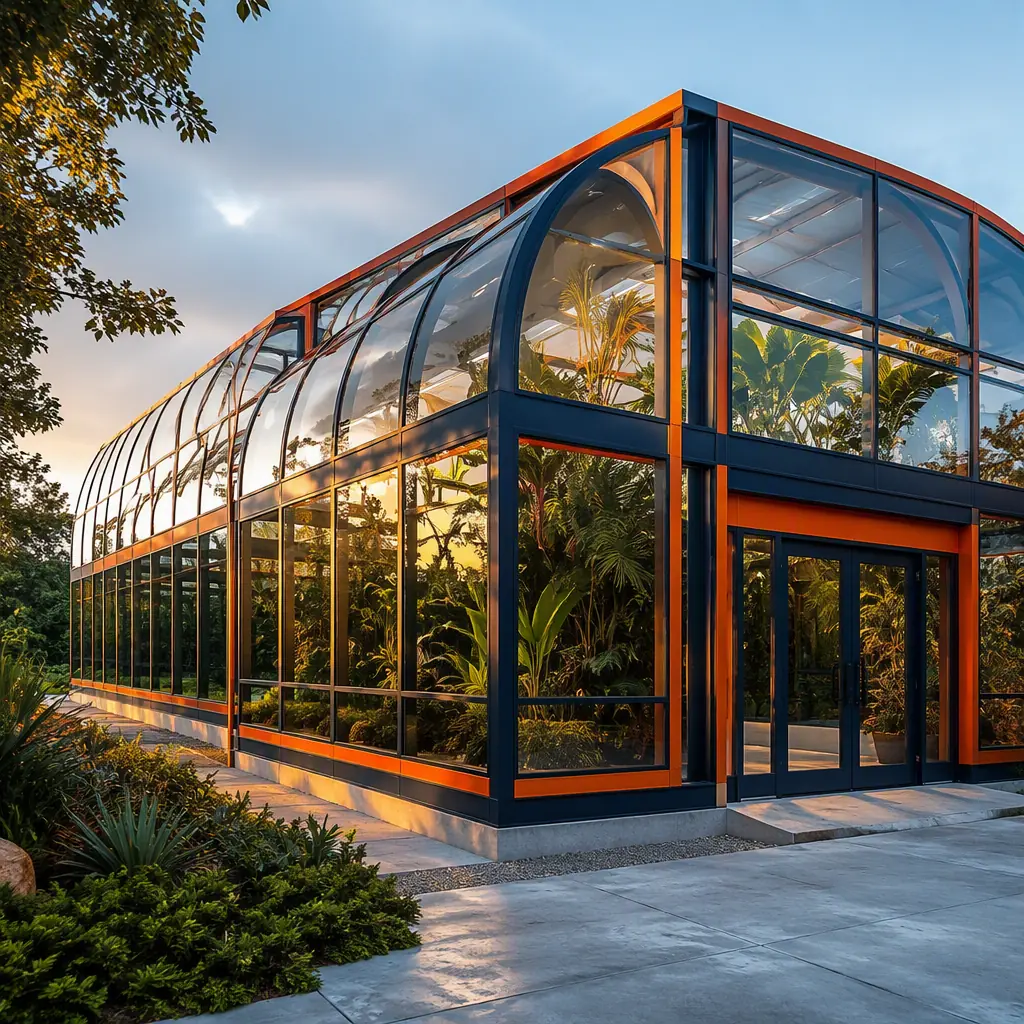 Modular prefabricated botanical garden conservatory exterior, curved glazed halls on factory-assembled steel frame modules, clean geometric lines, module seams visible, tropical plants visible through glass, golden hour, dark navy structural steel with warm steel orange accents, no text