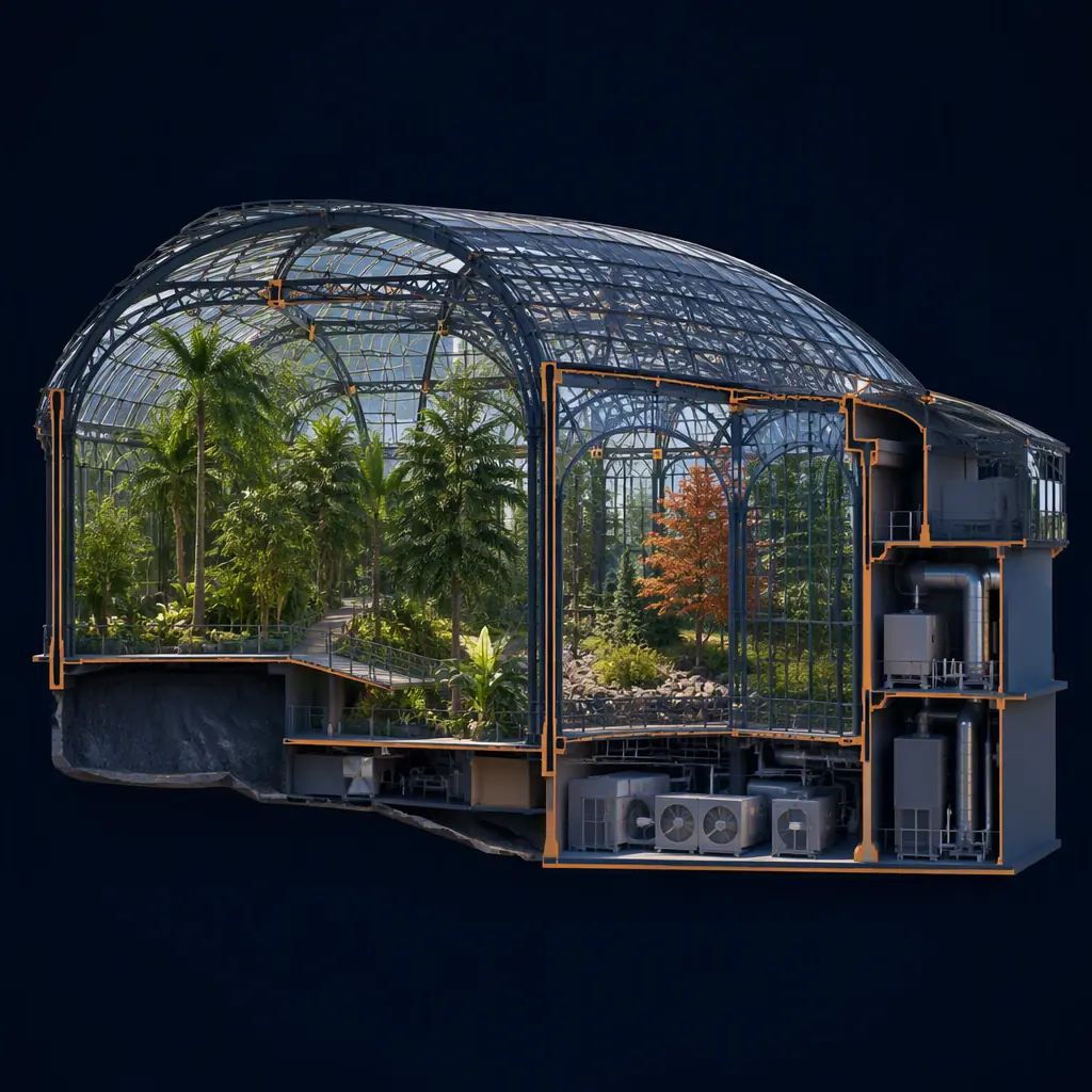Photorealistic 3D cross-section render of modular conservatory building, steel frame with curved glazing roof, distinct climate zones with tropical and temperate planting areas, HVAC air handling units in mechanical module, clean engineering visualization, no text, no labels