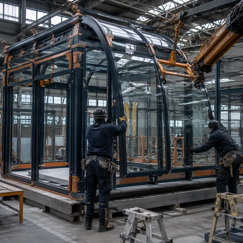 Factory floor of modular prefabricated construction facility, curved glazing panels being installed into steel frame conservatory module, glasshouse structure under assembly, workers with no visible faces, dark navy steel frame with warm steel orange details, no text