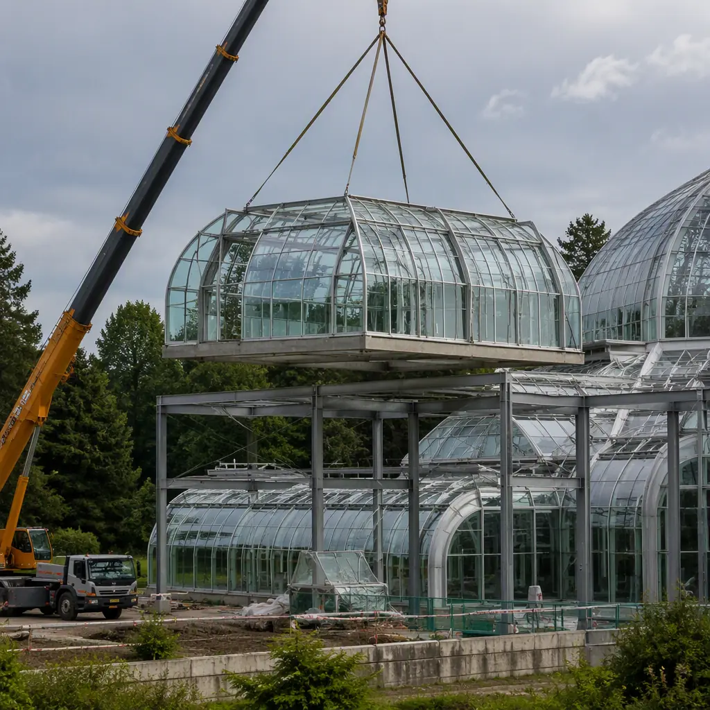 Crane lifting prefabricated glazed conservatory module with curved glass panels onto steel frame at botanical garden construction site, factory-assembled modules, module seams visible, module being positioned, no people faces, no text